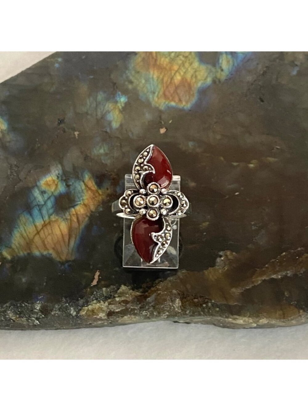 Sterling Silver 925 Art Deco Style Marcasite Teardrop Red Glass Ring Sz 5.75 - Picture 2 of 16
